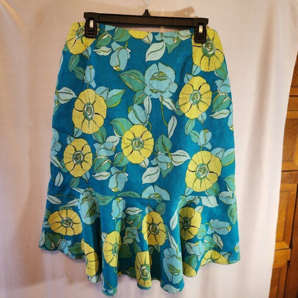 NYGARD COLLECTION, 100% LINEN TRUMPET SKIRT, TEAL/GREEN/YELLOW FLORAL SIZE 14